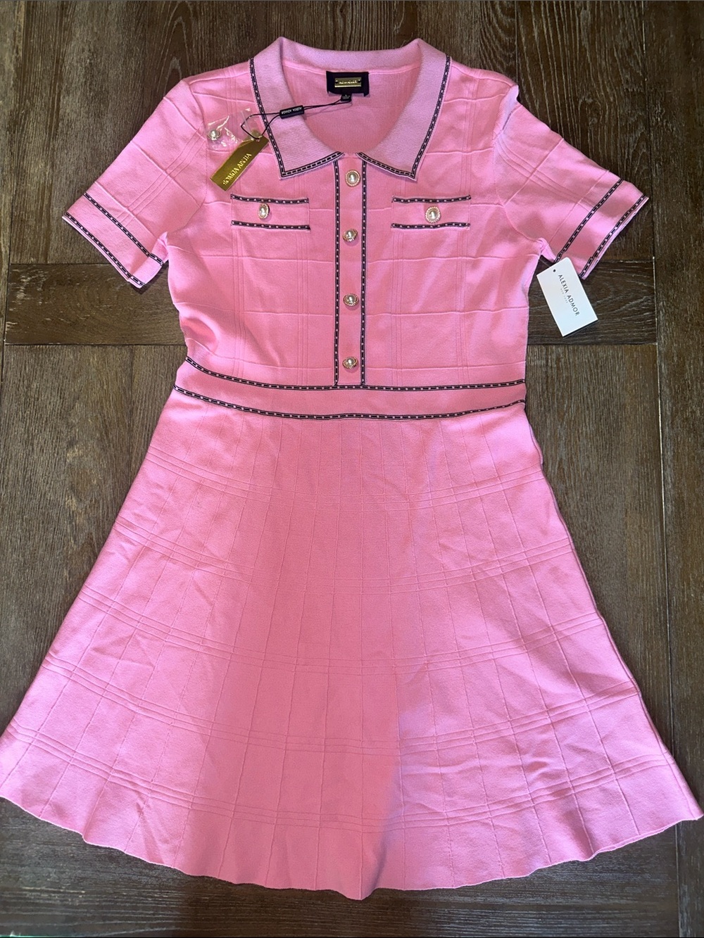Alexia Admor Pink Tweed Knit Polo Midi Dress Pearl Button Detail NWT Large
